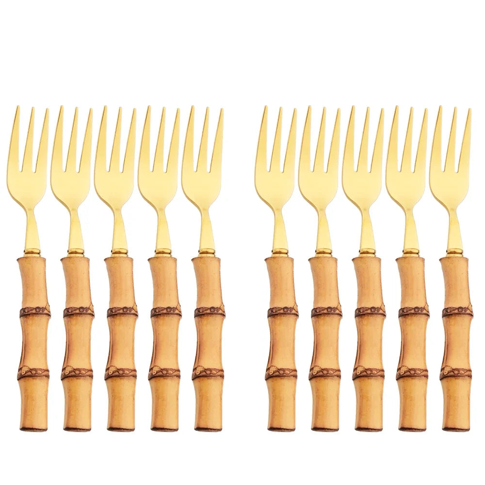 304 Stainless Steel Dinnerware Bamboo Silver 4/6/10Pcs Tea Fork Cutlery Set Western Fruit Cake Fork Tableware Home Flatware Set