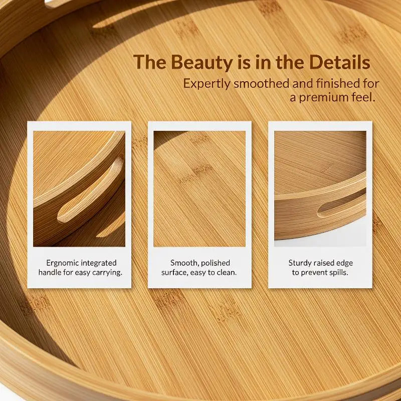 Round Bamboo Tray Wooden With Handle Tea Food Tray 25/30/35/40CM Serving Tray Breakfast Dinner