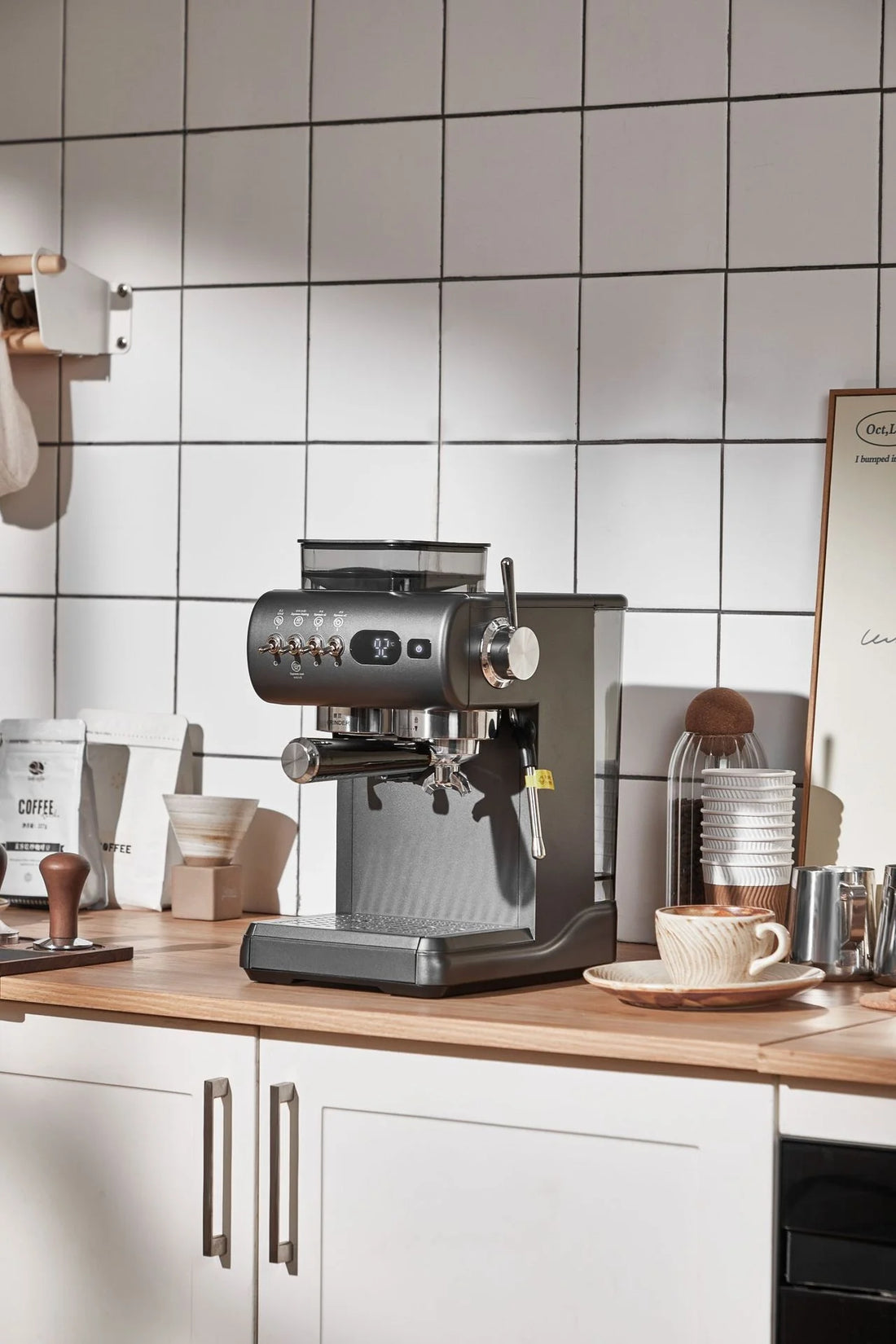 Semi-Automatic Espresso Machine with Built-in Grinder, Hot & Cold Dual Brew System with Steam Milk Frother, Compact Home Barista
