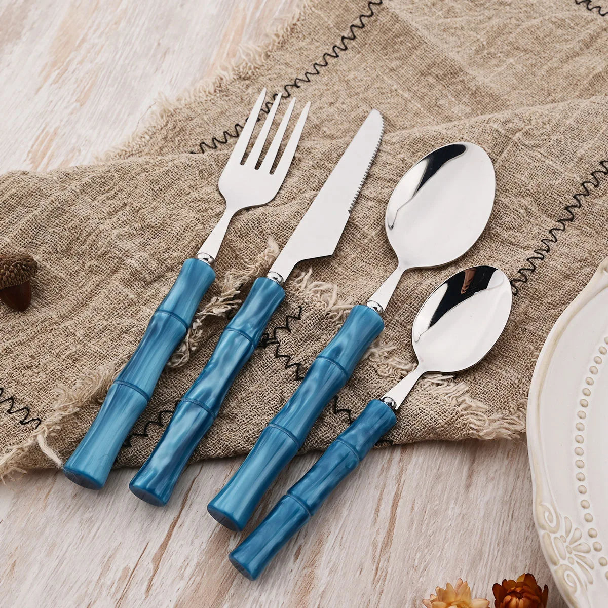 4Pcs Blue Silver Acrylic Handle Dinnerware Knife Fork Spoon Set Stainless Steels Cutlery Set Western Home Kitchen Flatware