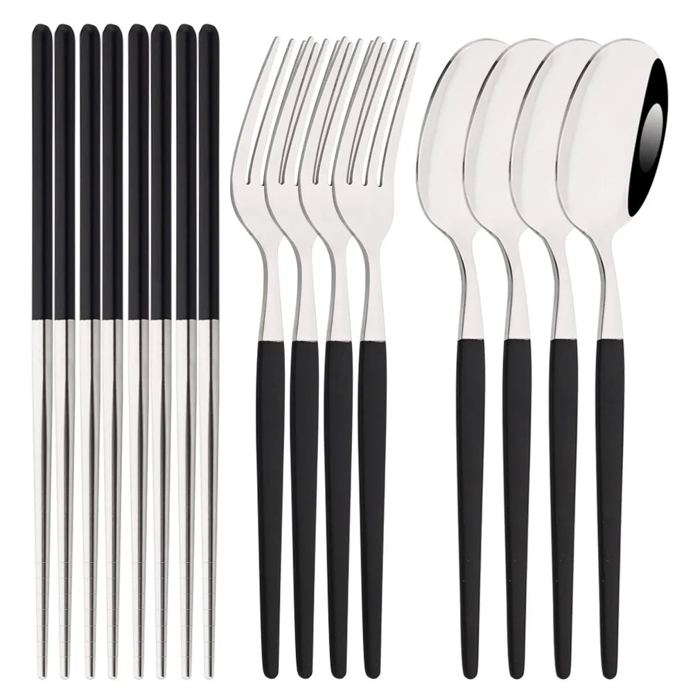 Golden Korean Tableware Set 12Pcs Luxury Mirror Flatware Cutlery Set Stainless Steel Dinnerware Fork Spoon Chopsticks Set