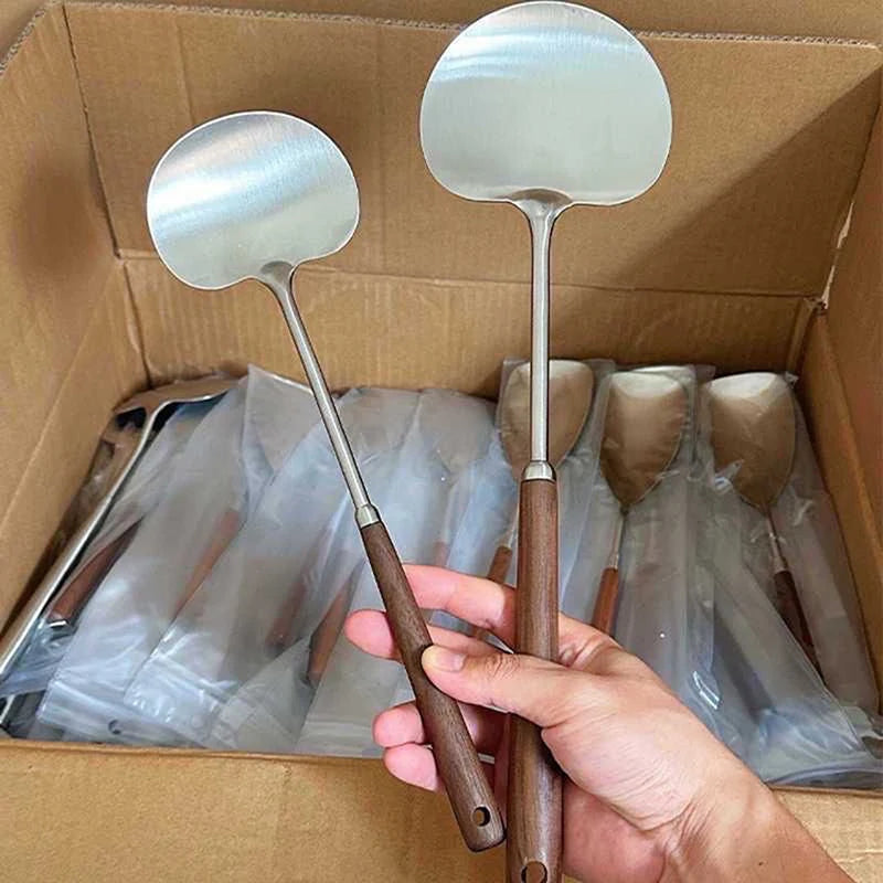 Stainless Steel Wok Spatula Chef-specific Cooking Spoon Wooden Long Handle Mushroom Shovel Kitchen Cooking Utensils