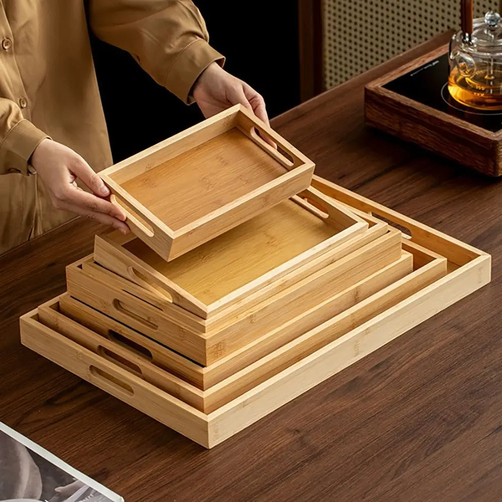 Decorate Tray Rectangular Bamboo Wooden Tray Walnut Color With Handle Serving Tray Display Plate Kitchen