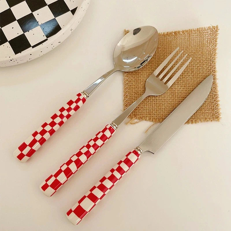 3-Piece Cutlery Set, Stainless Steel Flatware Sets with Checkerboard Pattern Ceramic Handle Utensils Including Knife Fork Spoon