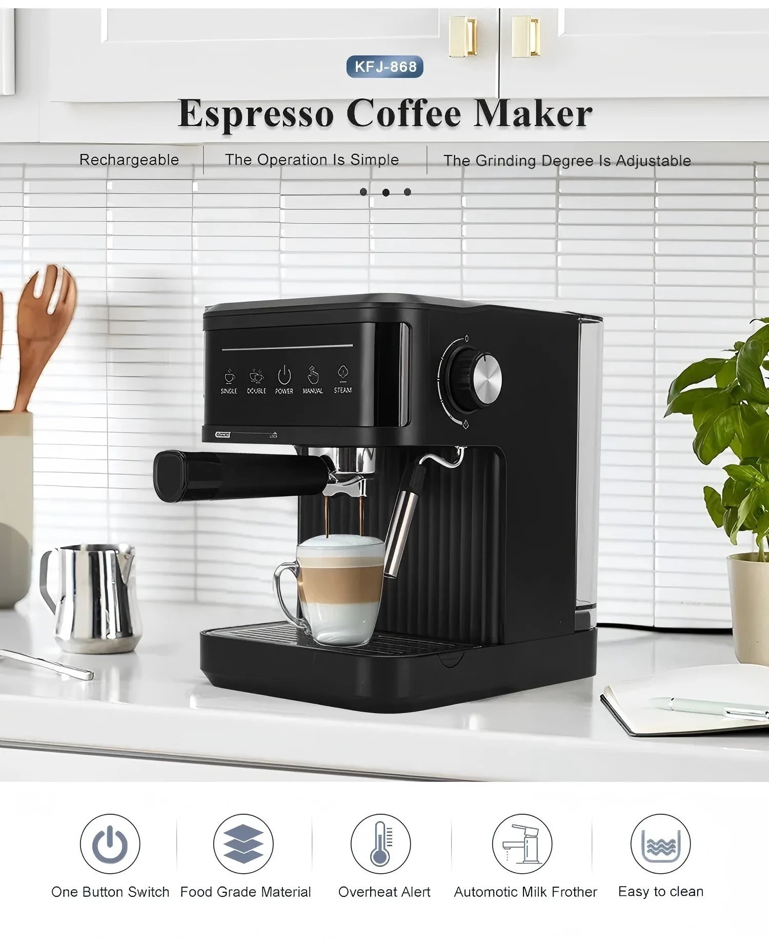 Home Coffee Machine 20Bar Pump Pressure Energy Saving Self-Cleaning Portable Small Coffee Grinder Machine for Home Office
