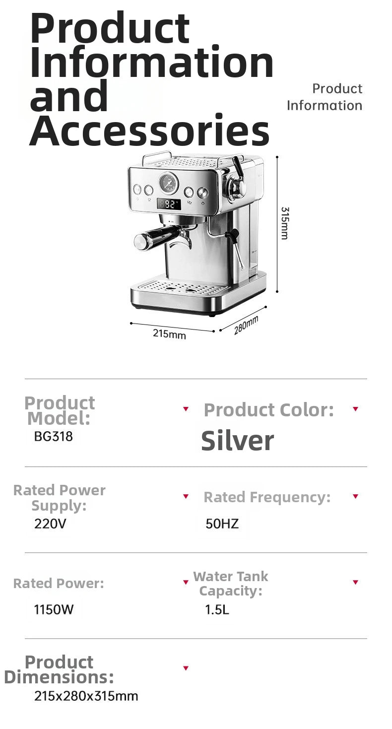 20Bar Semi-Automatic Espresso Machine - Compact Stainless Steel Coffee Maker with Steam Milk Frother for Home/Office, Italian
