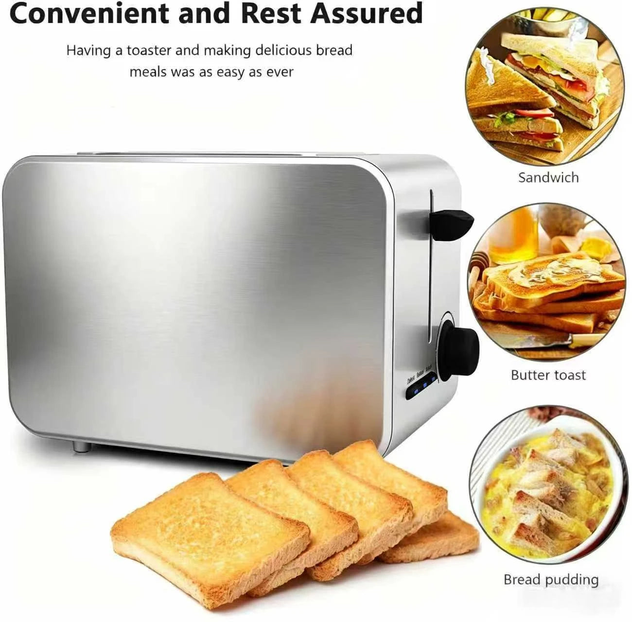Stainless Steel Toaster – Household Appliance 2-slice Sandwich Toaster Rapid Heating; Portable Automatic Pop-up; Multi-function
