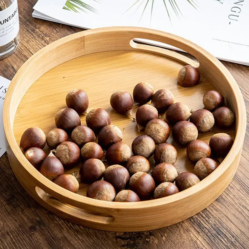 Round Bamboo Tray Wooden With Handle Tea Food Tray 25/30/35/40CM Serving Tray Breakfast Dinner