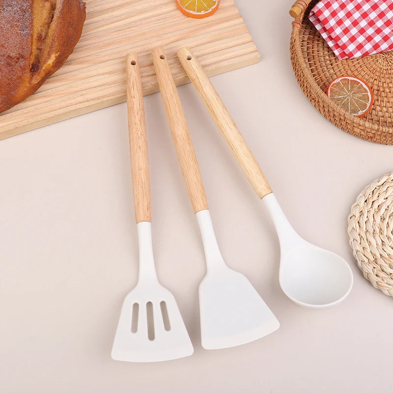 ♥Silicone Kitchen Utensil Set with Wooden Handles - Heat Resistant Spatula and Ladle for Nonstick Cookware
