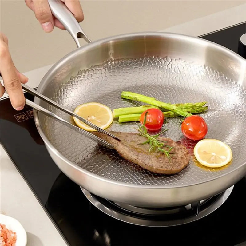 SHGO-Professional 3-Layer Stainless Steel Hammered Frying Pan Ergonomic Handles For All Stoves Cooking Utensil