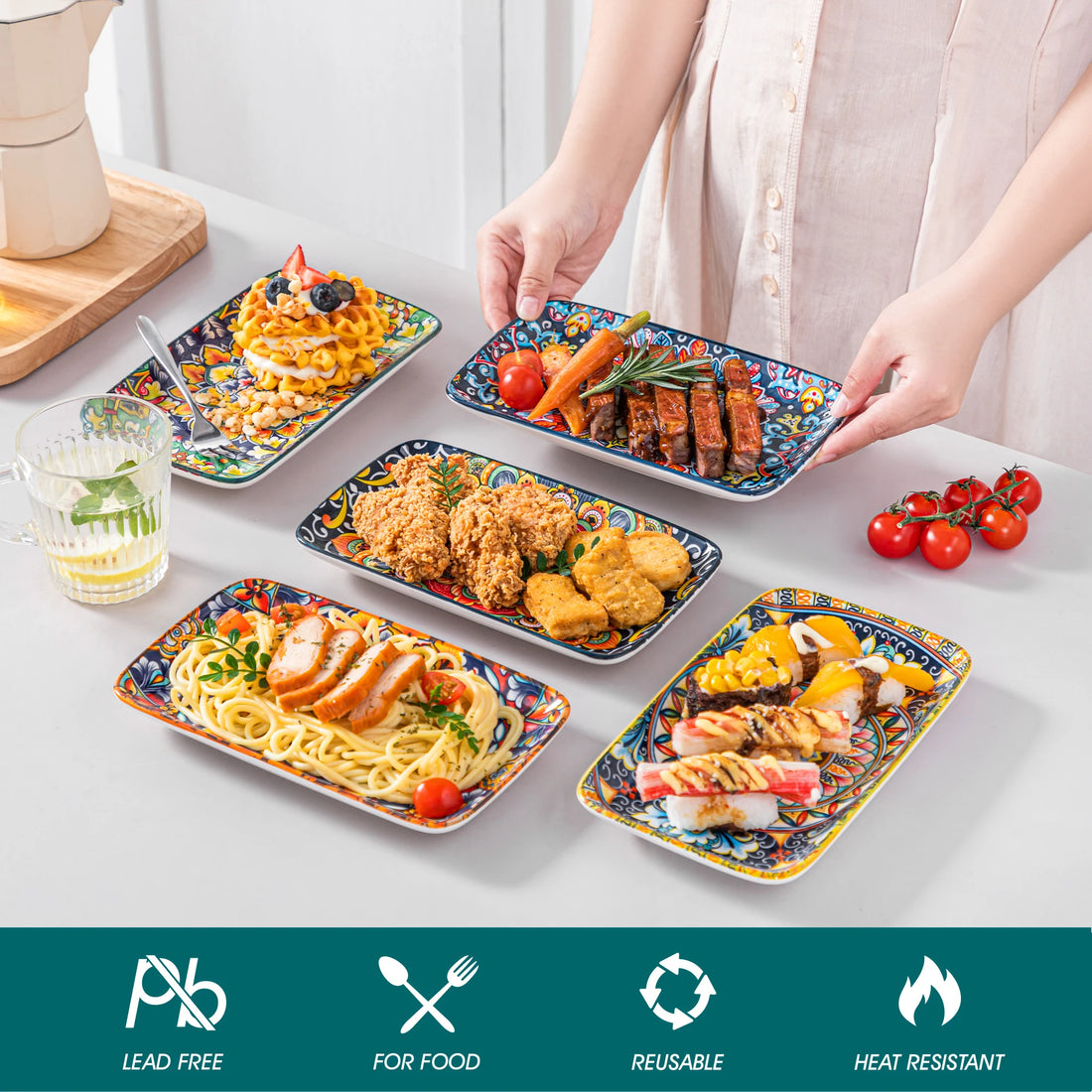 vancasso 6/12 Piece Porcelain Rectangular Serving Plates Bohemian 8.5 Inch Dinner Plates Set for Beef/Food/Noodles/Pasta Serves