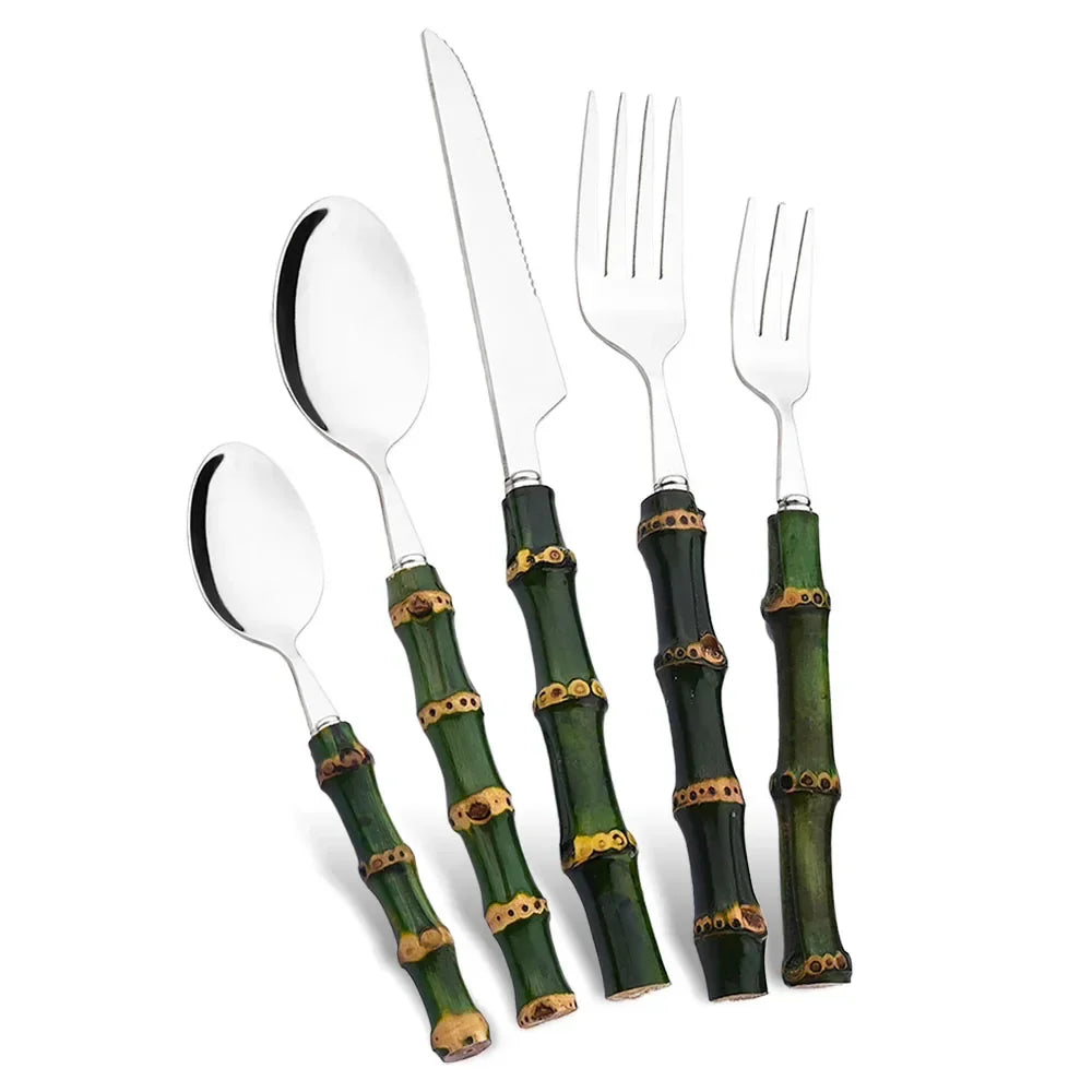 5Pcs Natural Green Bamboo Handle Cutlery Set 304 Stainless Steel Tableware Set Knife Fork Spoon Dinnerware Kitchen Flatware