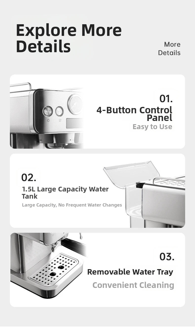 20Bar Semi-Automatic Espresso Machine - Compact Stainless Steel Coffee Maker with Steam Milk Frother for Home/Office, Italian