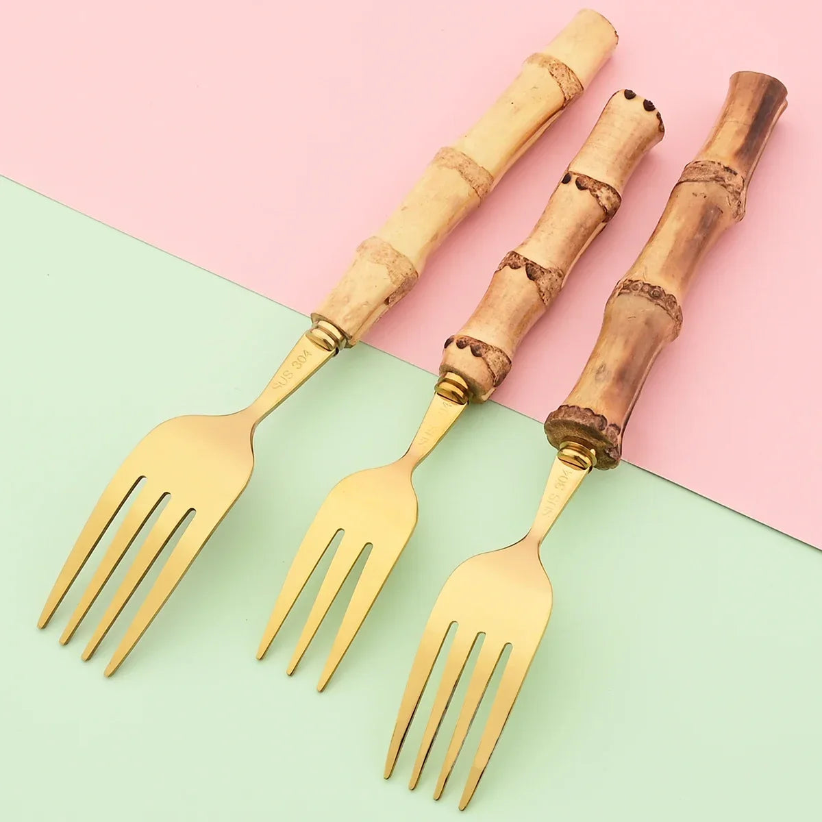 20Pcs Silver Bamboo Handle Cutlery Set 304 Stainless Steel Dinnerware Set Knife Dessert Fork Spoon Tableware Kitchen Flatware