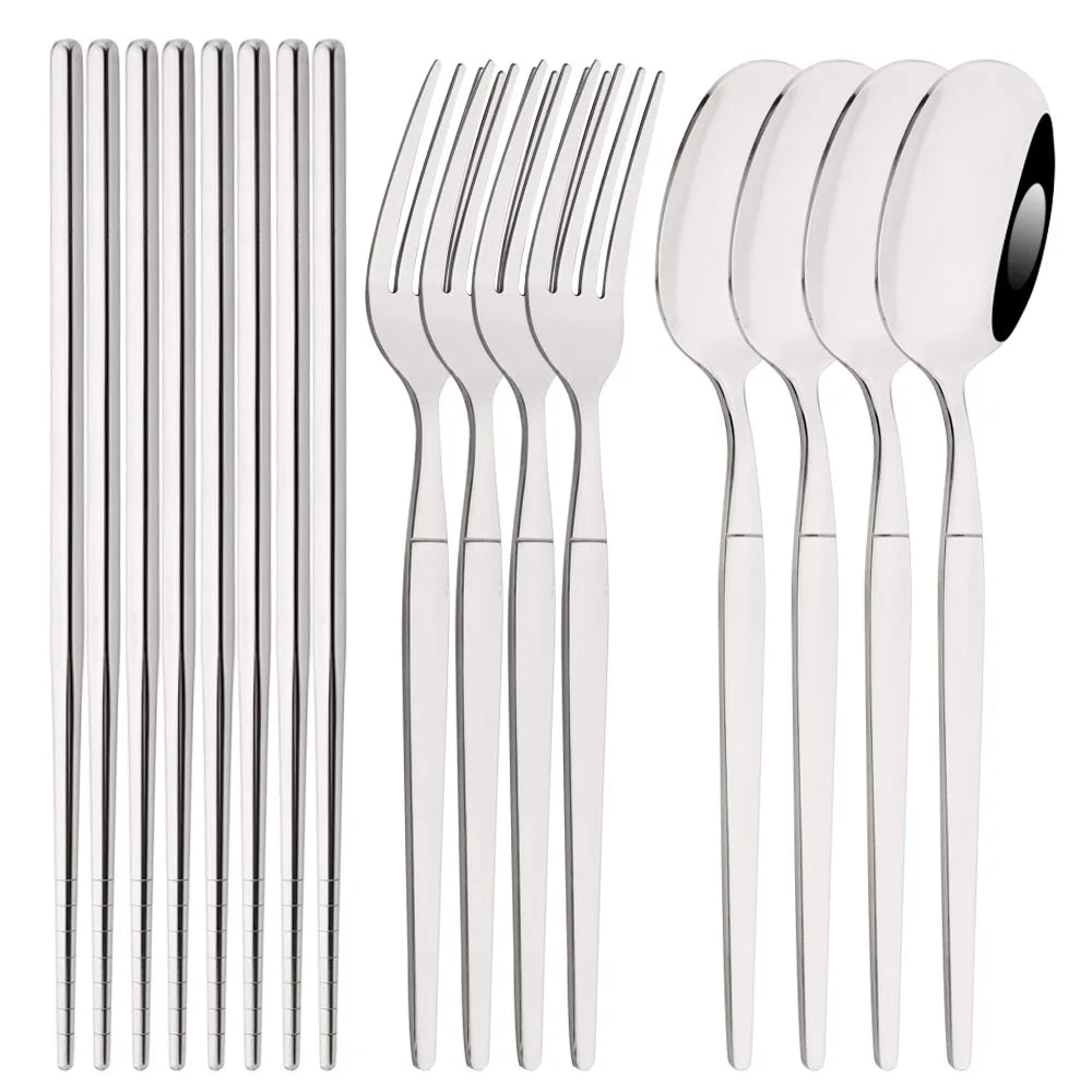 Golden Korean Tableware Set 12Pcs Luxury Mirror Flatware Cutlery Set Stainless Steel Dinnerware Fork Spoon Chopsticks Set