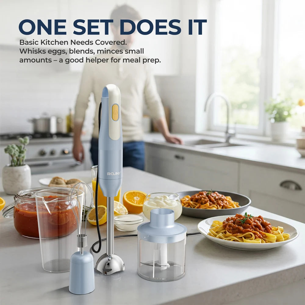 4-in-1 Handheld Stick Blender Set, Immersion Hand Blender with Stainless Steel Blades for Kitchen Food Mixing, Light Blue Novice