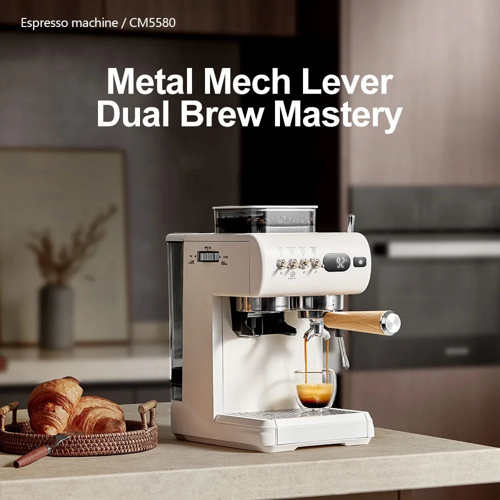Semi-Automatic Espresso Machine with Built-in Grinder, Hot & Cold Dual Brew System with Steam Milk Frother, Compact Home Barista