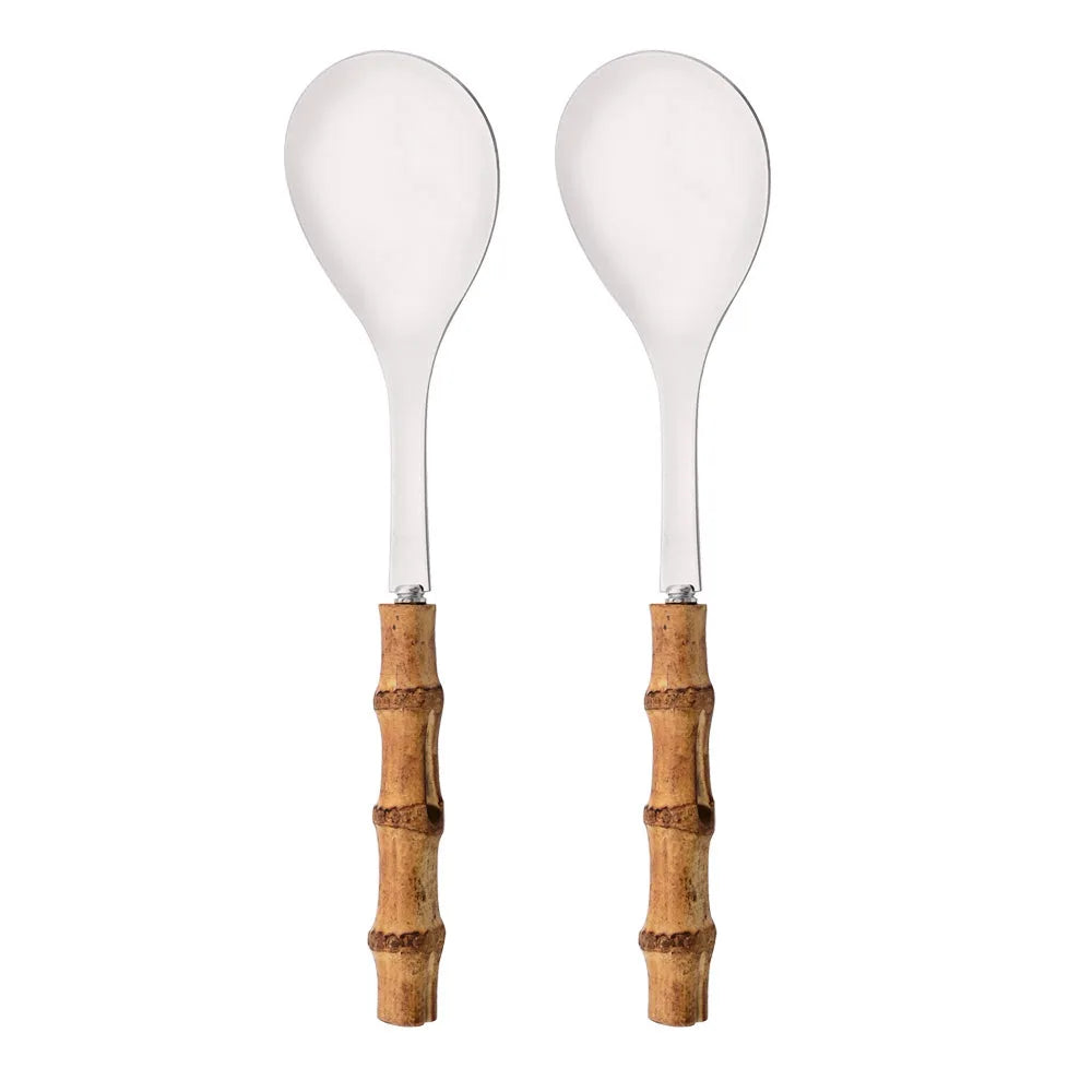 2Pcs Silver Dinnerware Cutlery 304 Stainless Steel Wood Bamboo Handle Food Serving Salad Spork Server Fork Spoon Tableware Set