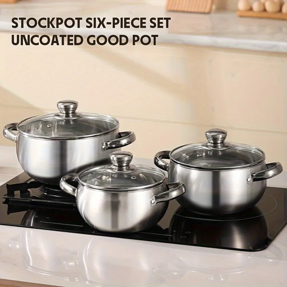 3pcs Stainless Steel Cookware Set with Lids - Induction Compatible, Thick Walls for Even Heating, Dual Handles & Covers ，