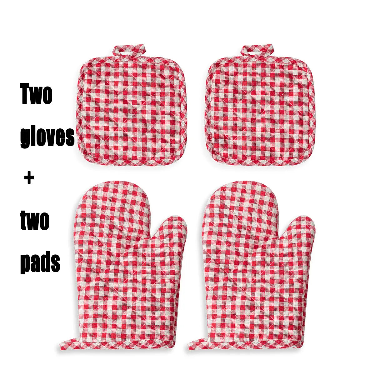 Anti Scald Oven Gloves, Kitchen With Cotton Lining, Thick Gloves Set, Multi-purpose Gloves, Red Checkered Oven Gloves Set