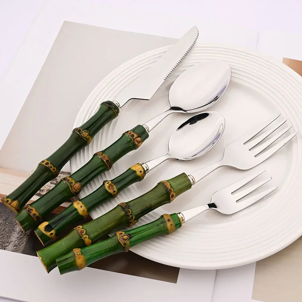 5Pcs Natural Green Bamboo Handle Cutlery Set 304 Stainless Steel Tableware Set Knife Fork Spoon Dinnerware Kitchen Flatware