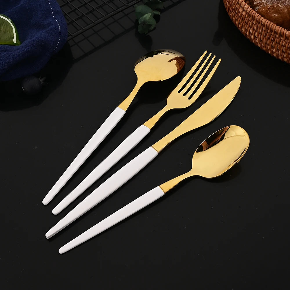 Golden Korean Tableware Set 12Pcs Luxury Mirror Flatware Cutlery Set Stainless Steel Dinnerware Fork Spoon Chopsticks Set