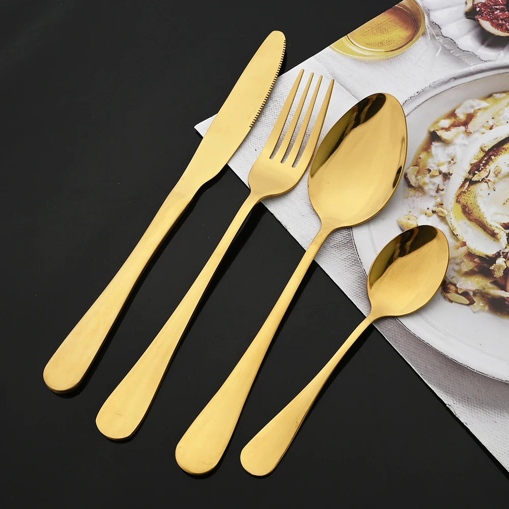 24Pcs Tableware Dinnerware Set Western Gold Cutlery Set Stainless Steel Fork Knife Teaspoon Dinner Kitchen Flatware Set