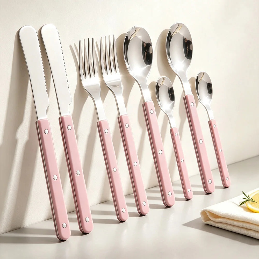8Pcs Stainless Steel Tableware Acrylic Handle Green Silver Dinnerware Set Knife Fork Spoon Teaspoon Cutlery Kitchen Flatware Set