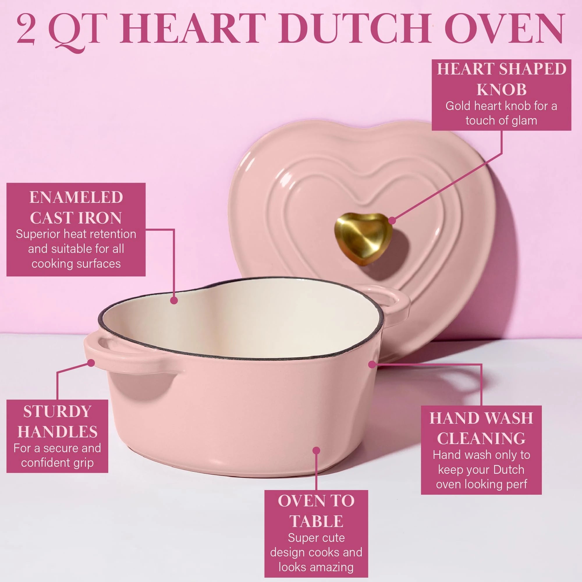 19cm Enameled Cast Iron Dutch Oven Heart Shaped Pot with Lid 2 Quart for Braising Broiling Bread Baking All Stovetops Oven Safe