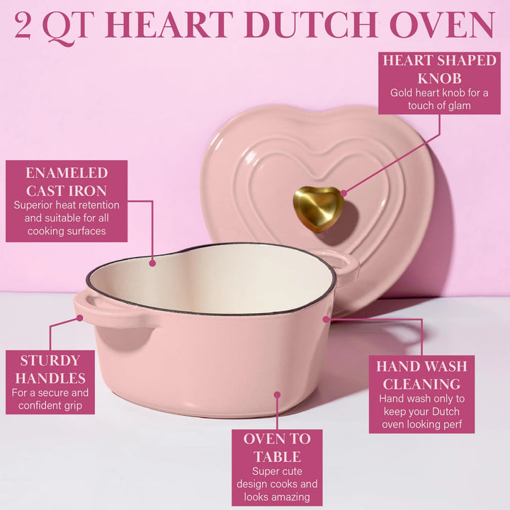 19cm Enameled Cast Iron Dutch Oven Heart Shaped Pot with Lid 2 Quart for Braising Broiling Bread Baking All Stovetops Oven Safe