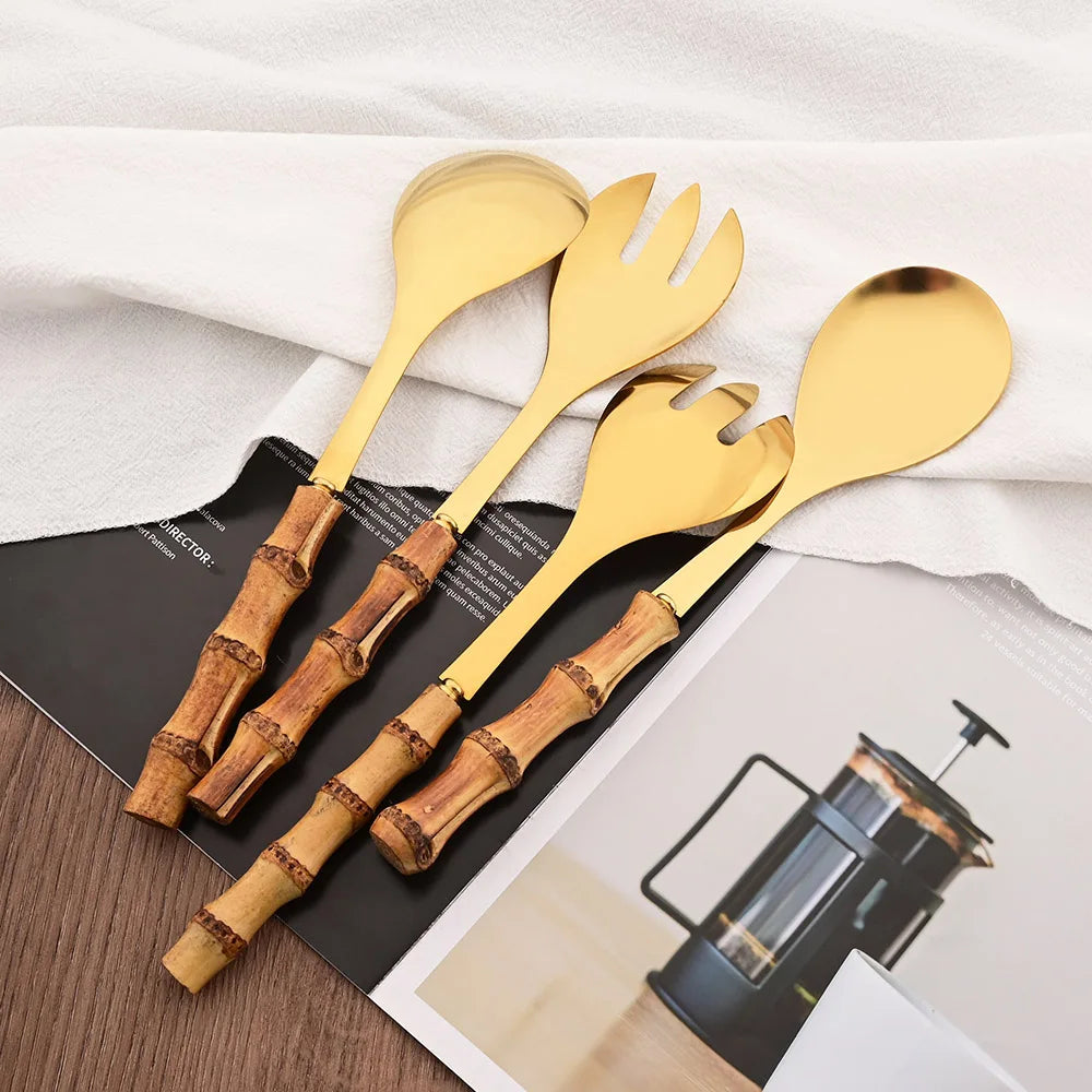 2Pcs Silver Dinnerware Cutlery 304 Stainless Steel Wood Bamboo Handle Food Serving Salad Spork Server Fork Spoon Tableware Set