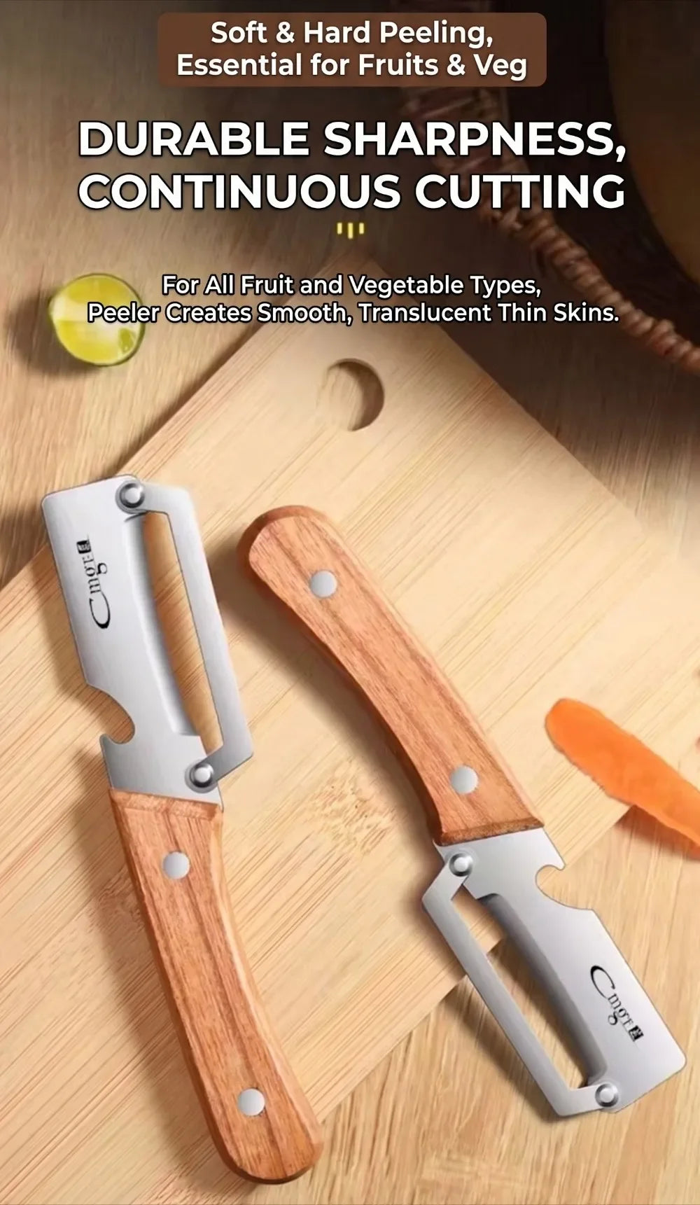 Premium 2-Piece Peeling Knife Set Ultra Sharp Stainless Steel Blade Wood Handle with Bottle Opener&Hanging Loop for Home Kitchen