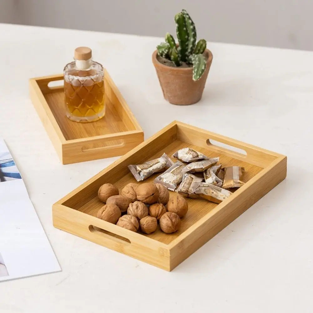 Decorate Tray Rectangular Bamboo Wooden Tray Walnut Color With Handle Serving Tray Display Plate Kitchen