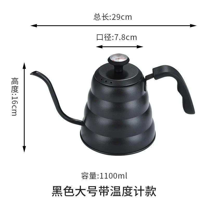 Black Goose Beak Kettle 1.0L Stainless Steel Coffee Pot with Gooseneck Thin Mouth Thermometer for Espresso Coffee Making