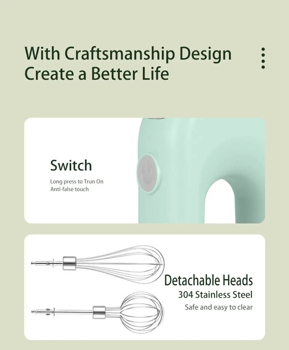 Portable Mixers with 2 Mixing Head USB Electric Blender Wireless Food Mixer Handheld Rechargeable Whisks Dough Stirrer Eggbeater