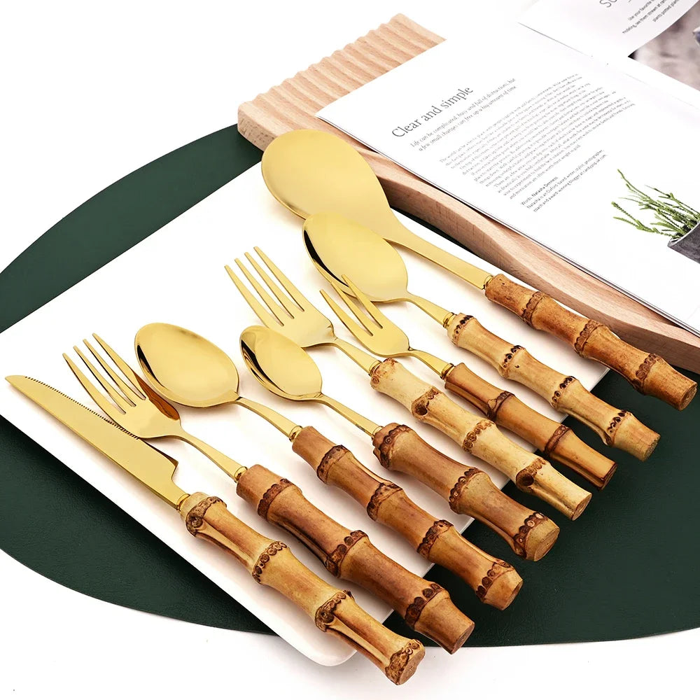 304 Stainless Steel Dinnerware Bamboo Silver 4/6/10Pcs Tea Fork Cutlery Set Western Fruit Cake Fork Tableware Home Flatware Set