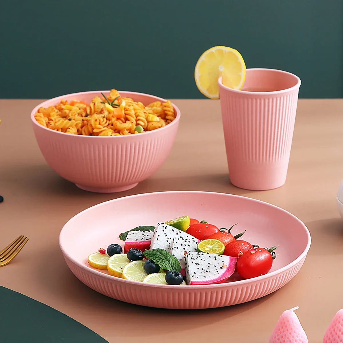 24Pcs Wheat Straw Dinnerware Set for 4: Plates, Bowls, Cups. Unbreakable Plastic for Kitchen & Outdoor Camping