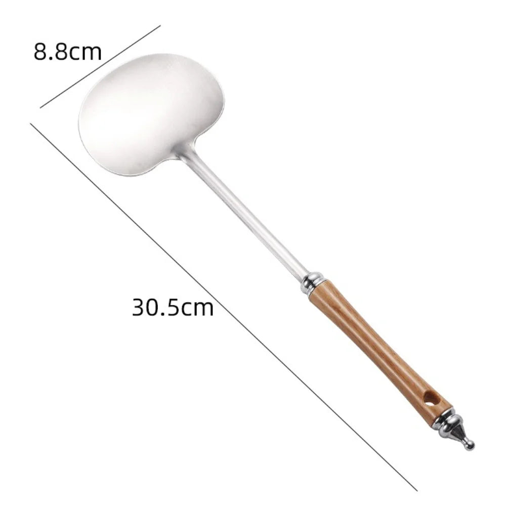Stainless Steel Wok Spatula Long Wooden Handle Kitchen Utensils Chef-specific Mushroom Shovel Kitchen Accessories Essentials