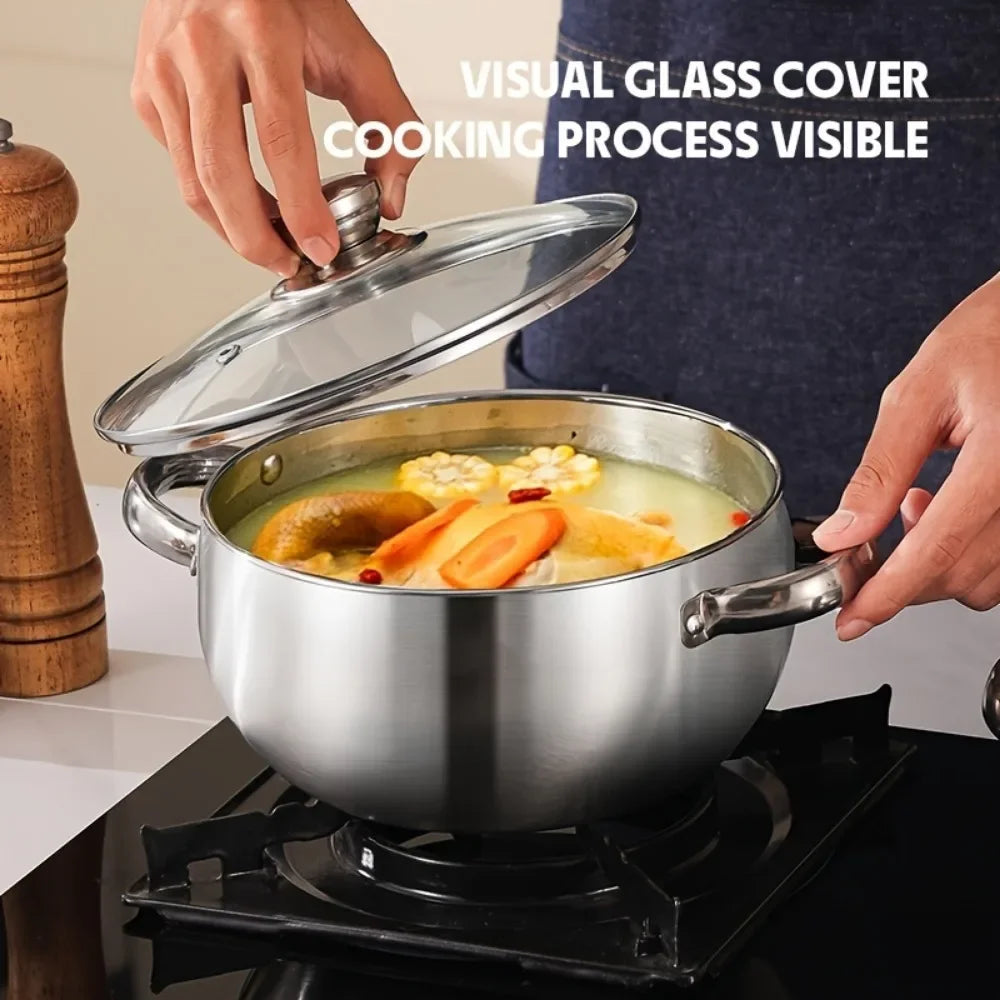 3pcs Stainless Steel Cookware Set with Lids - Induction Compatible, Thick Walls for Even Heating, Dual Handles & Covers ，