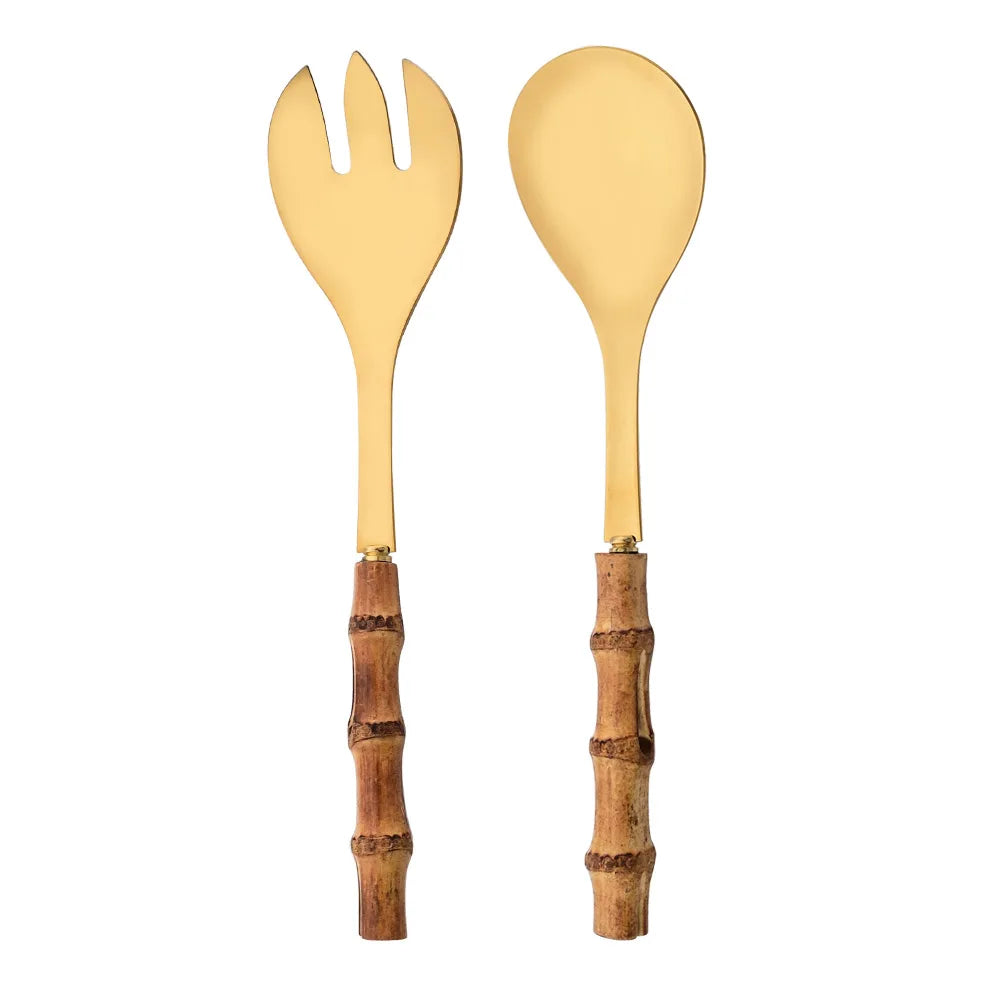 2Pcs Silver Dinnerware Cutlery 304 Stainless Steel Wood Bamboo Handle Food Serving Salad Spork Server Fork Spoon Tableware Set
