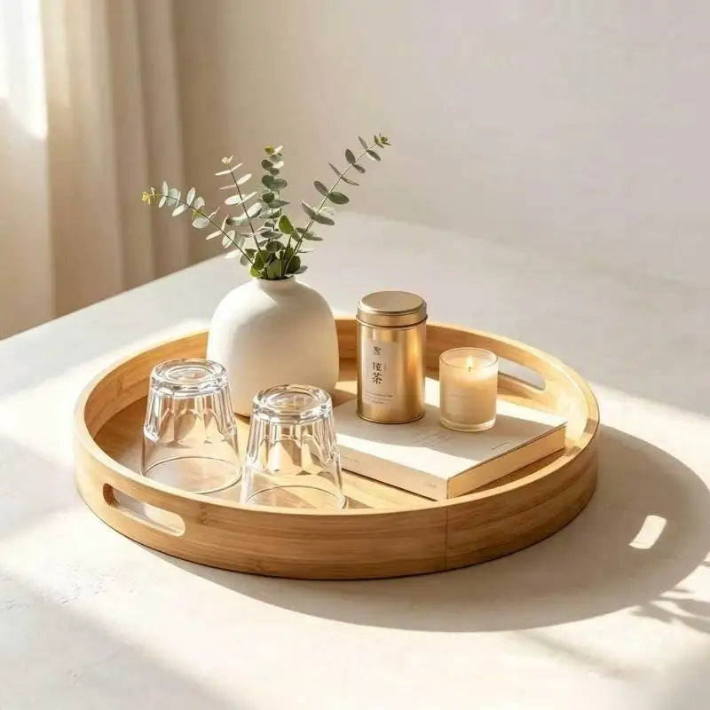 Round Bamboo Tray Wooden With Handle Tea Food Tray 25/30/35/40CM Serving Tray Breakfast Dinner