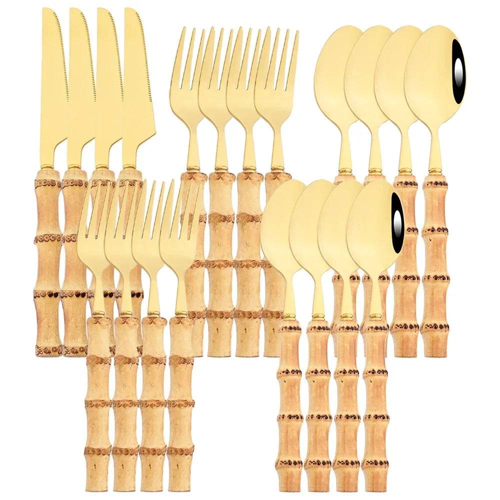 20Pcs Silver Bamboo Handle Cutlery Set 304 Stainless Steel Dinnerware Set Knife Dessert Fork Spoon Tableware Kitchen Flatware