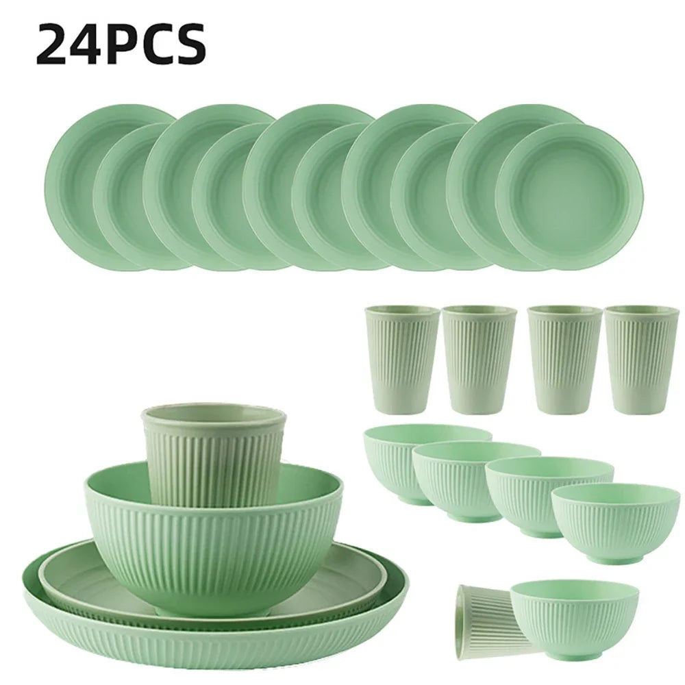 24Pcs Wheat Straw Dinnerware Set for 4: Plates, Bowls, Cups. Unbreakable Plastic for Kitchen & Outdoor Camping