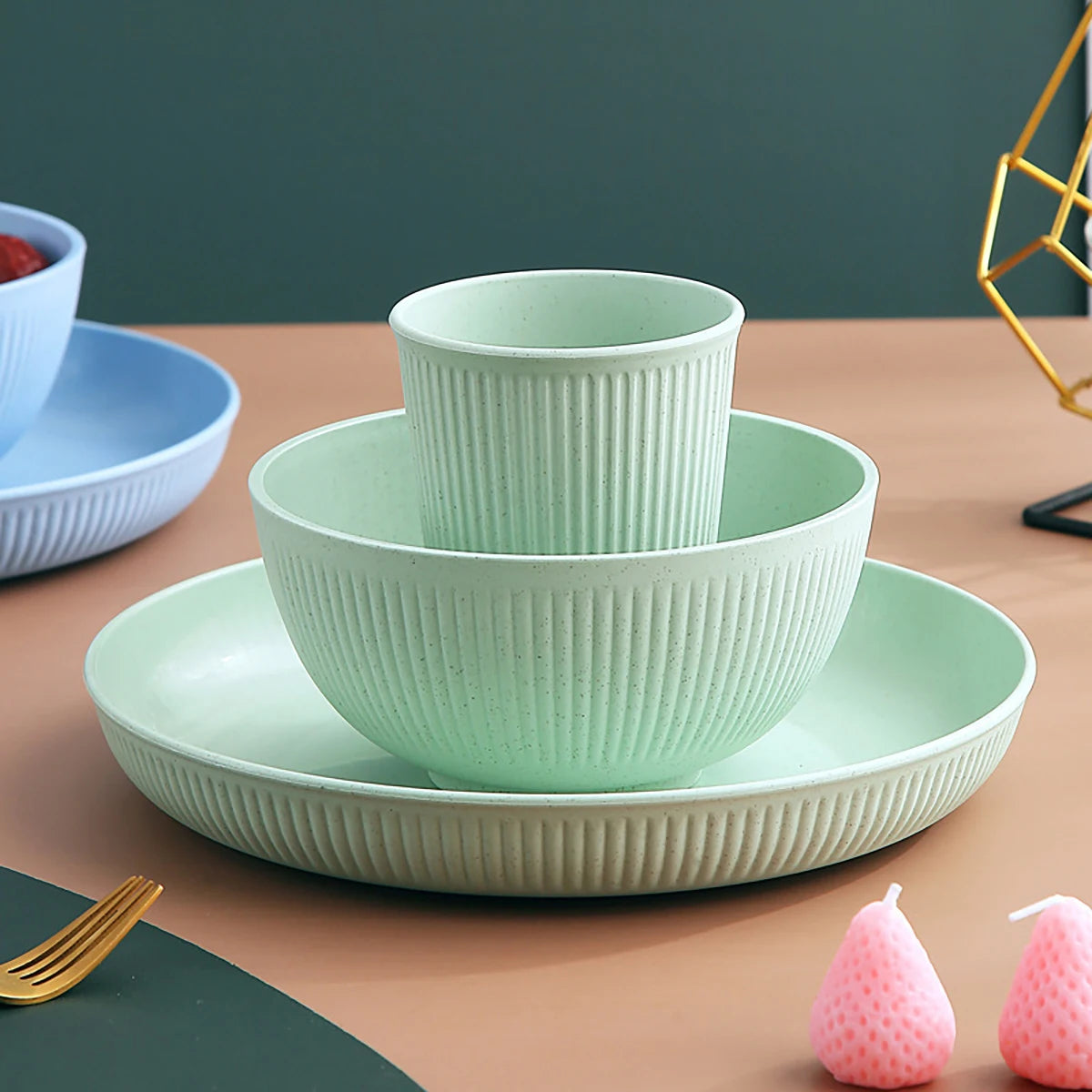 24Pcs Wheat Straw Dinnerware Set for 4: Plates, Bowls, Cups. Unbreakable Plastic for Kitchen & Outdoor Camping