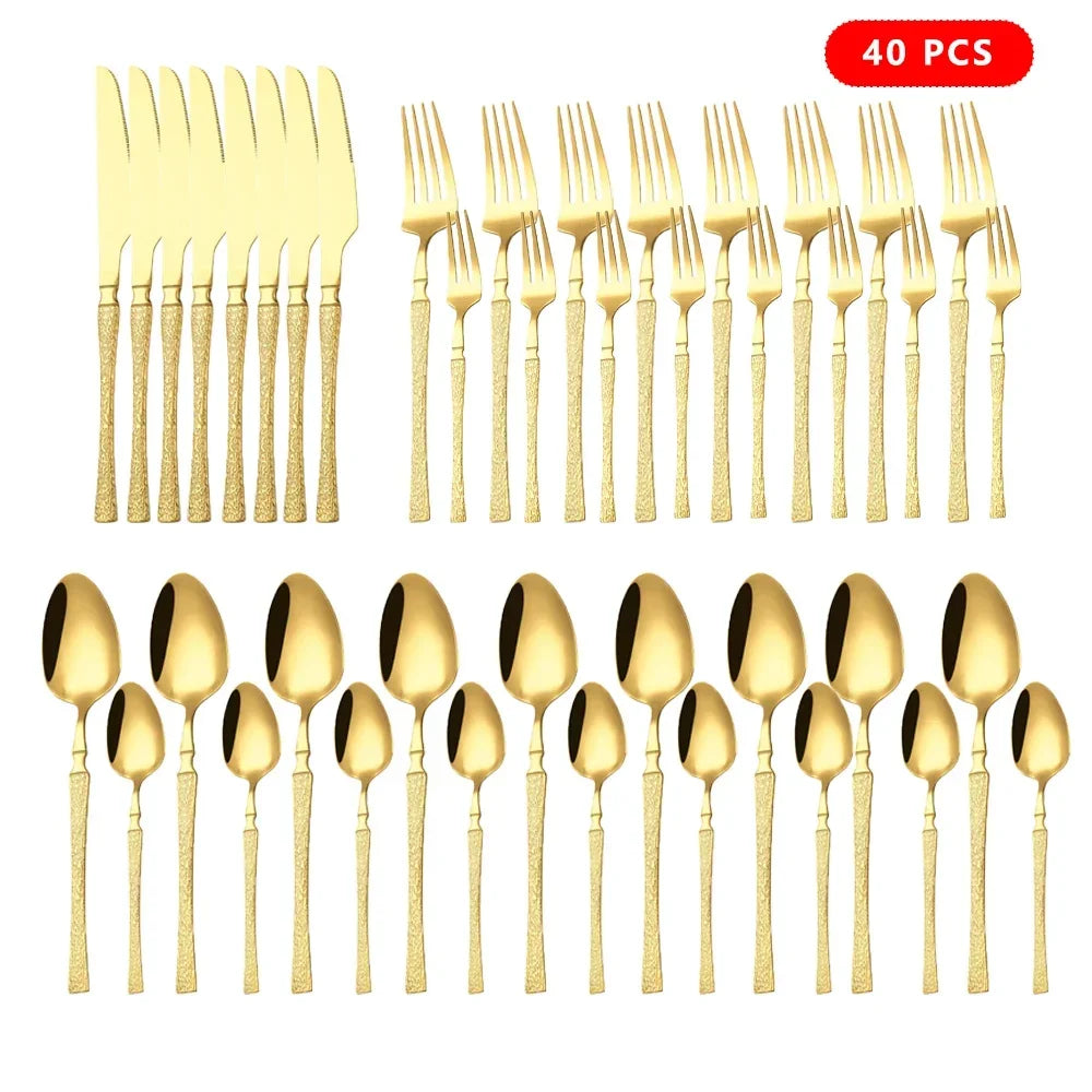 40/60pcs Stainless Steel Cutlery Set,Hammer Pattern Handle,Dishwasher Safe Flatware,Durable Dinnerware for Home,Restaurant,Party