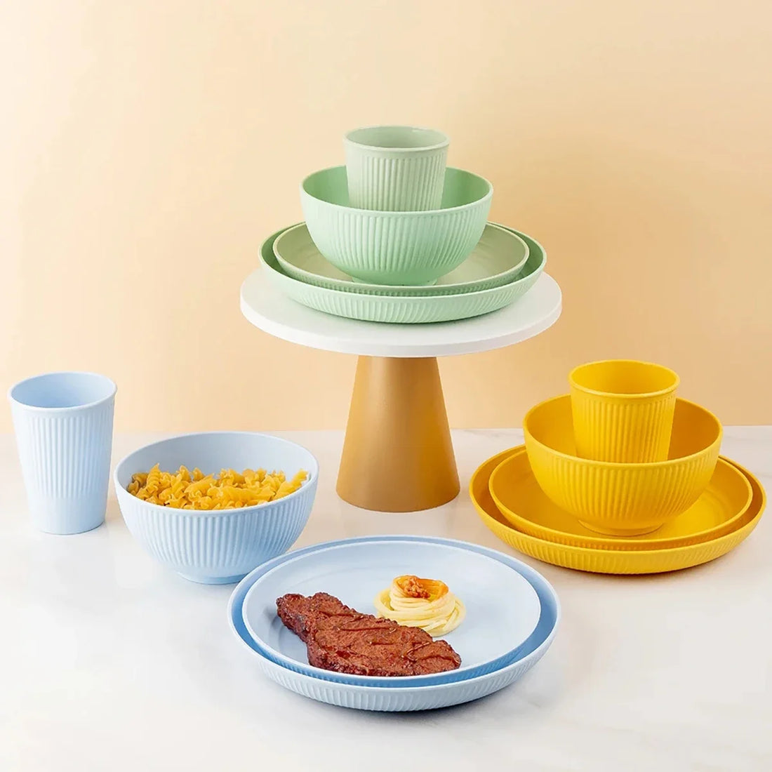 24Pcs Wheat Straw Dinnerware Set for 4: Plates, Bowls, Cups. Unbreakable Plastic for Kitchen & Outdoor Camping