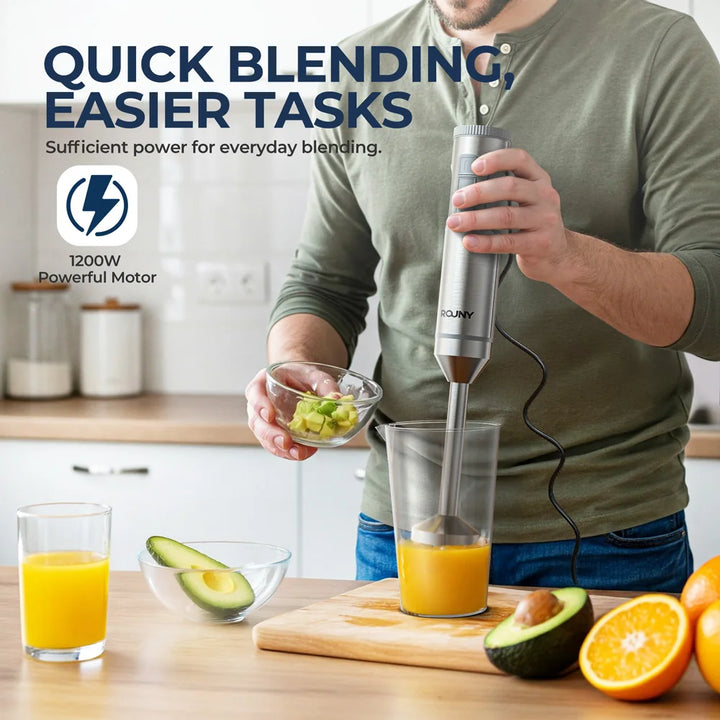 Hand Immersion Blender Powerful 4-in-1,Stainless Steel Stick Food Mixer,700ml Mixing Beaker,500ml Processor,Whisk, 1200W MAX