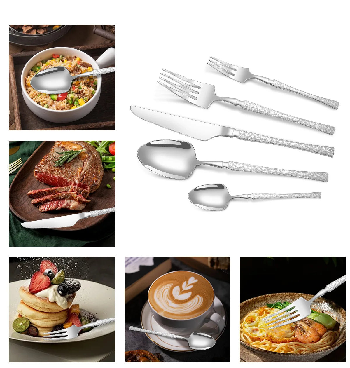40/60pcs Stainless Steel Cutlery Set,Hammer Pattern Handle,Dishwasher Safe Flatware,Durable Dinnerware for Home,Restaurant,Party