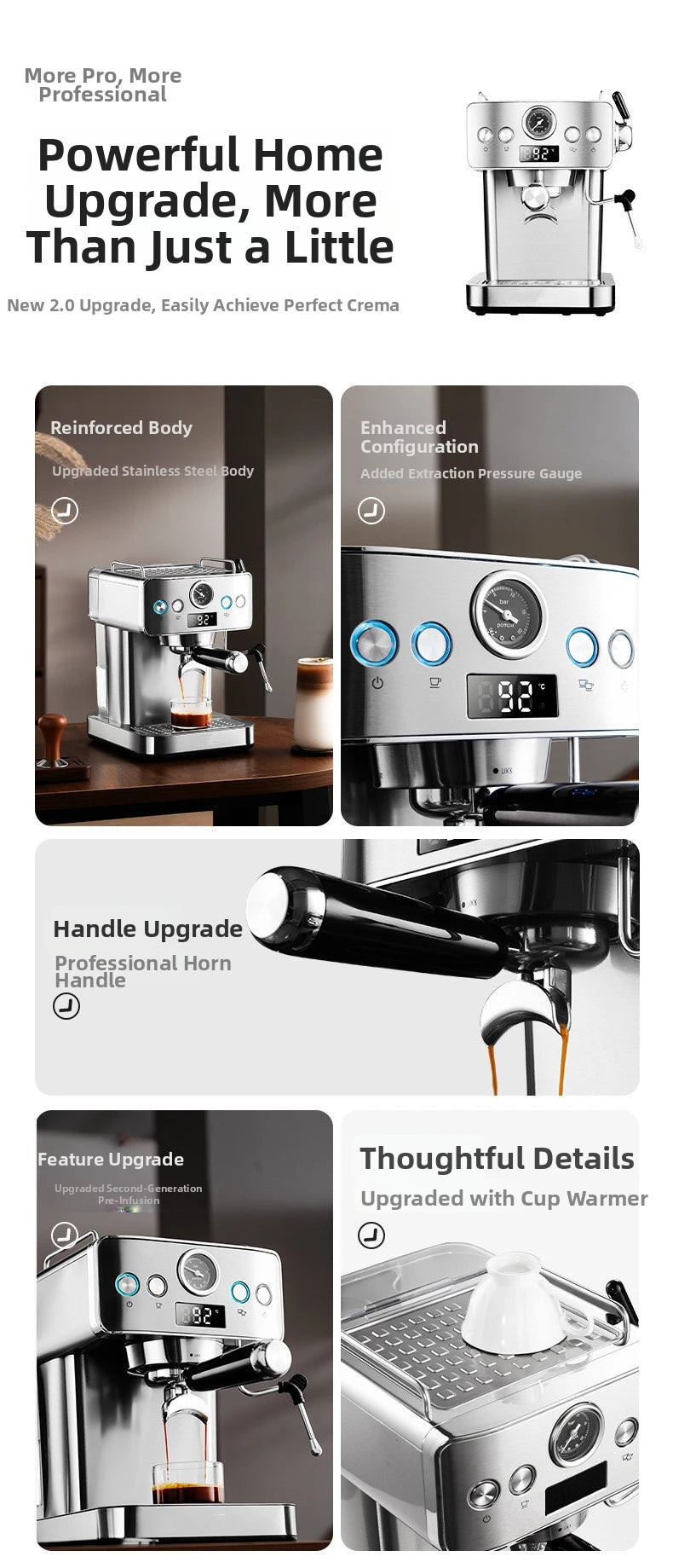 20Bar Semi-Automatic Espresso Machine - Compact Stainless Steel Coffee Maker with Steam Milk Frother for Home/Office, Italian