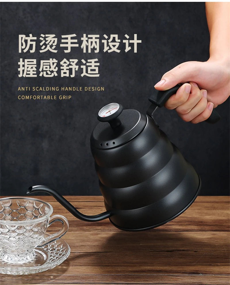 Black Goose Beak Kettle 1.0L Stainless Steel Coffee Pot with Gooseneck Thin Mouth Thermometer for Espresso Coffee Making